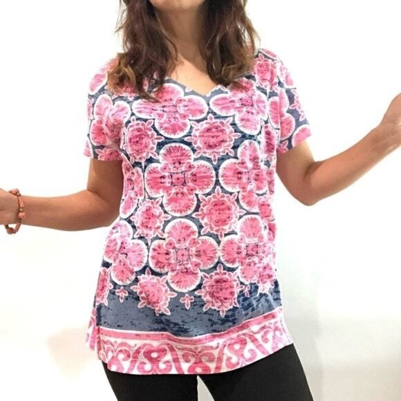 Before & Again Floral Print Short Sleeve Graphic Shirt Pink Large - Picture 2 of 10